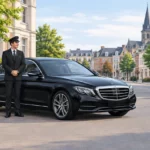 Taxi Mercedes Classe E noire avec chauffeur professionnel dans une rue de Wavre