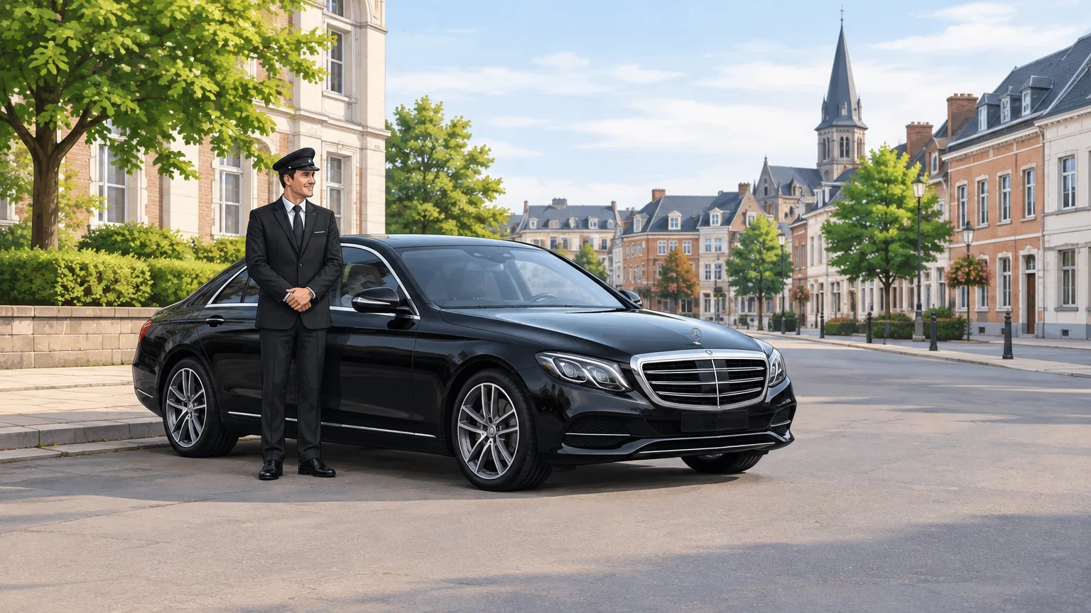 Taxi Mercedes Classe E noire avec chauffeur professionnel dans une rue de Wavre