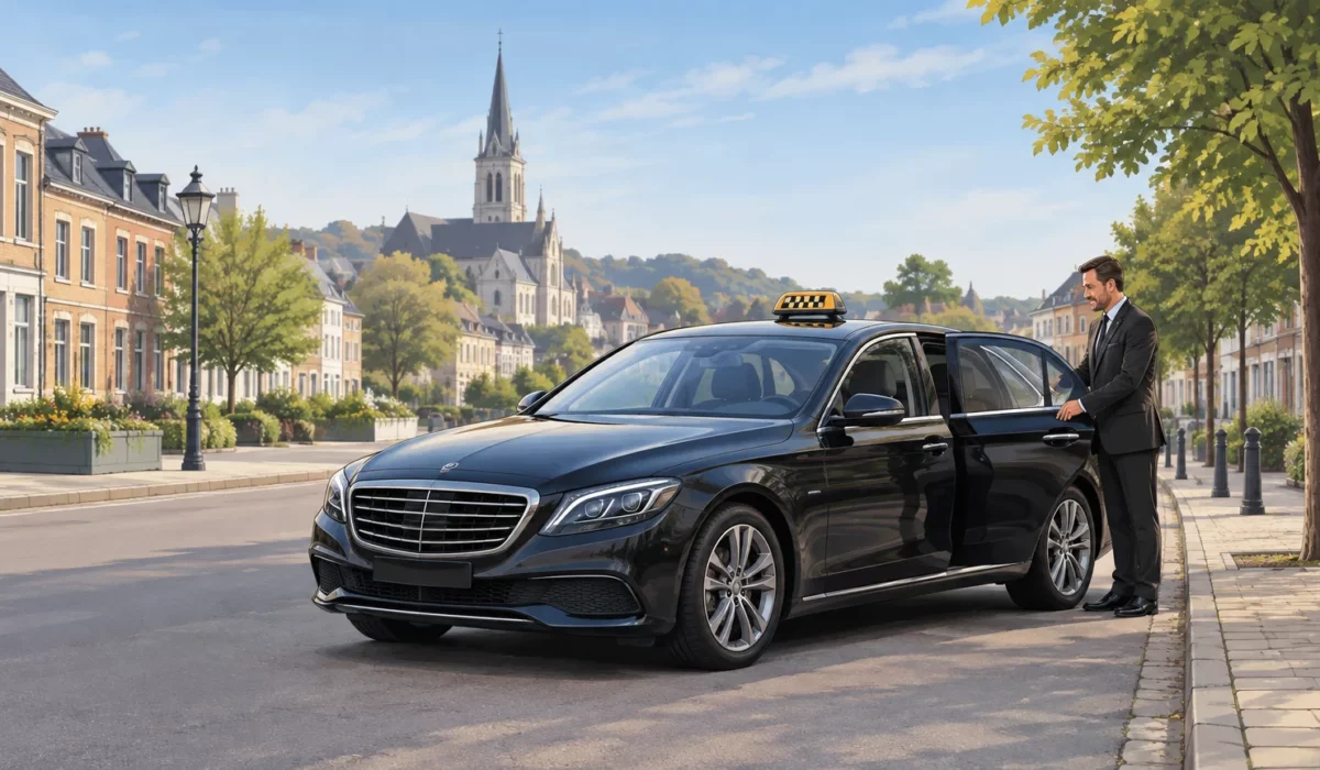 Taxi noir avec chauffeur professionnel dans une rue de Wavre