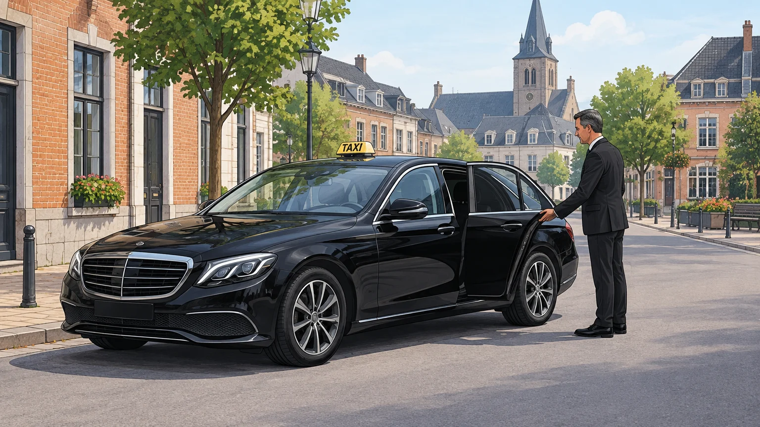 Taxi noir avec chauffeur professionnel dans une rue de Wavre