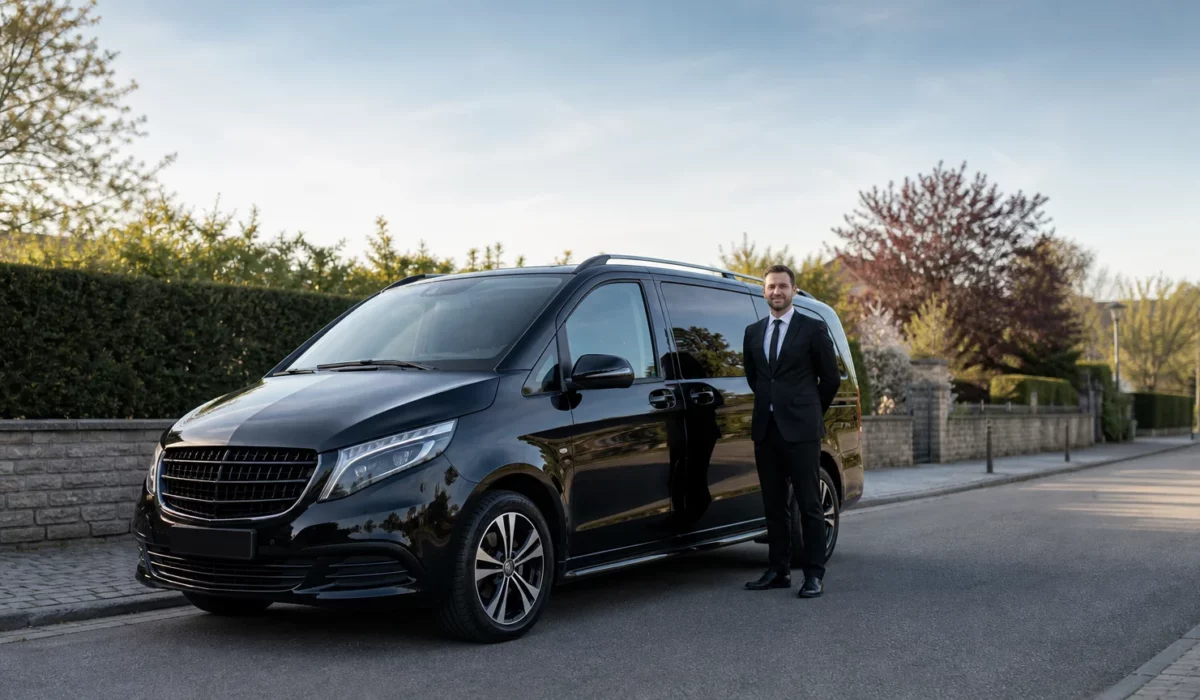 Minibus taxi noir avec chauffeur professionnel dans une rue de Wavre