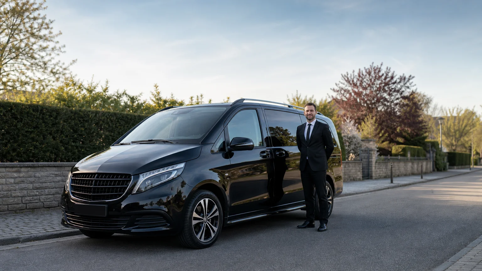 Minibus taxi noir avec chauffeur professionnel dans une rue de Wavre