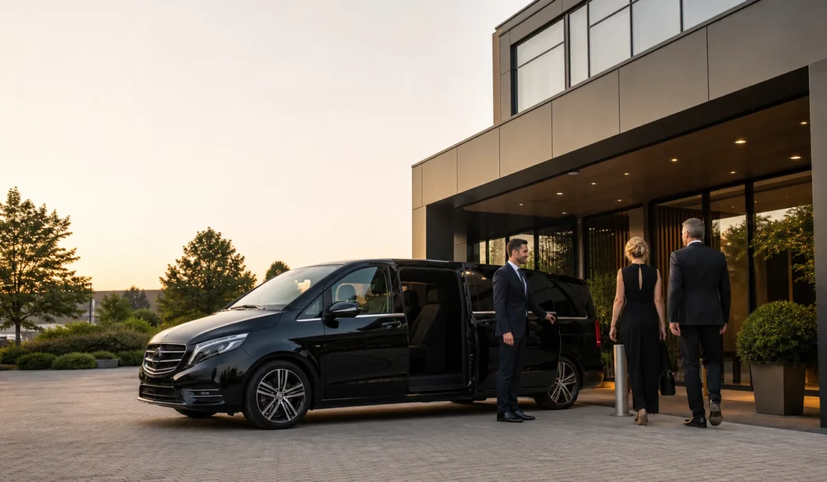 Taxi noir avec chauffeur professionnel devant un lieu événementiel à Wavre