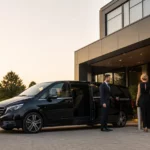 Taxi noir avec chauffeur professionnel devant un lieu événementiel à Wavre