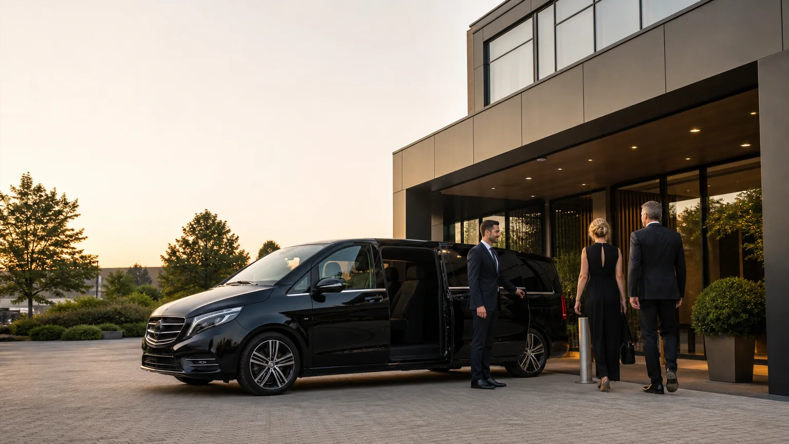 Taxi noir avec chauffeur professionnel devant un lieu événementiel à Wavre