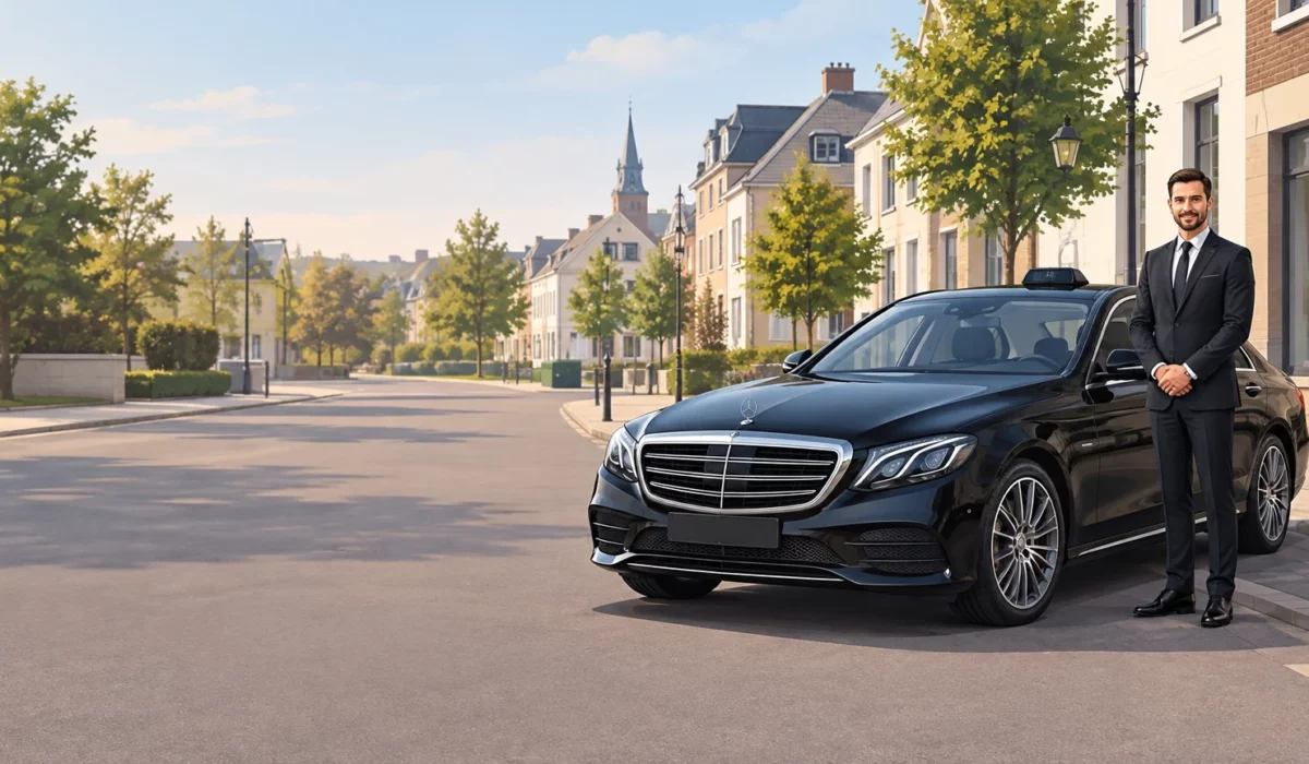 Mercedes Classe E noire avec chauffeur professionnel près de Wavre