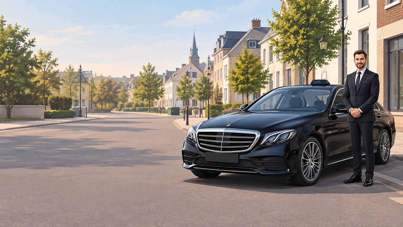 Mercedes Classe E noire avec chauffeur professionnel près de Wavre
