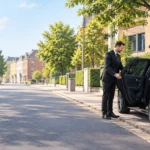 Taxi noir avec chauffeur professionnel dans une rue de Wavre.