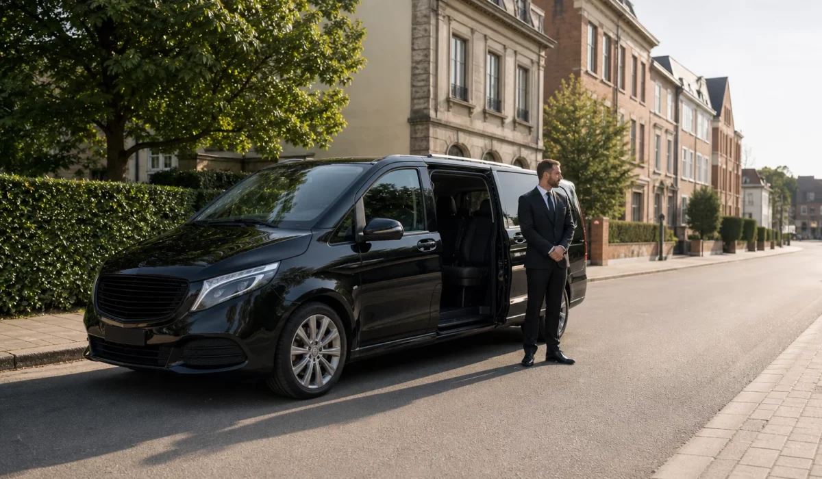 Un minibus taxi noir avec chauffeur professionnel dans une rue de Wavre