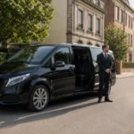 Un minibus taxi noir avec chauffeur professionnel dans une rue de Wavre
