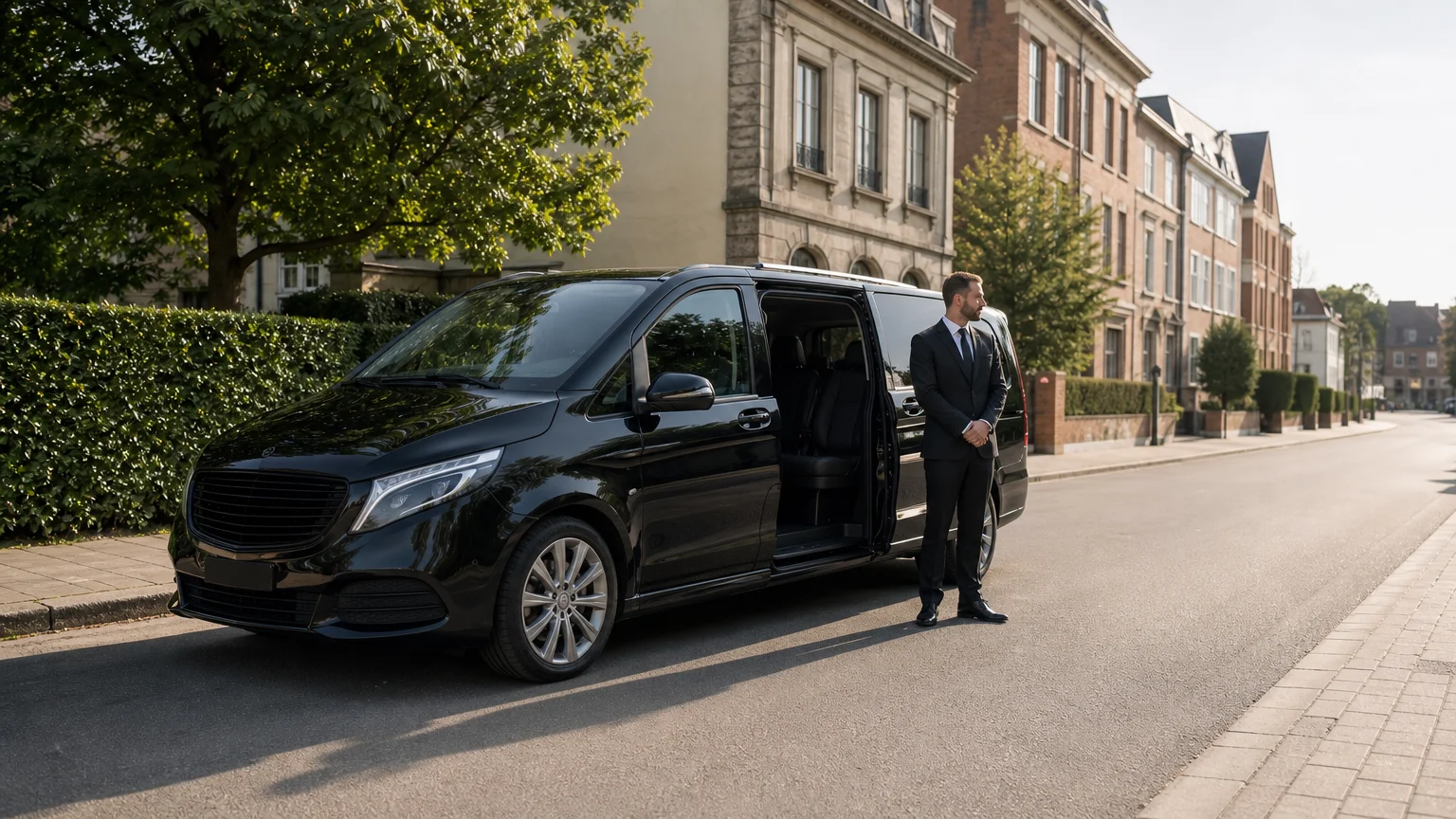 Un minibus taxi noir avec chauffeur professionnel dans une rue de Wavre