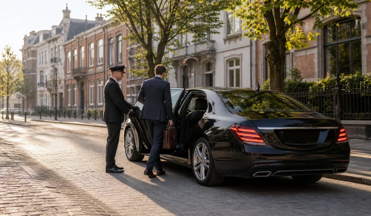 Chauffeur professionnel accueillant un passager devant une berline noire à Wavre