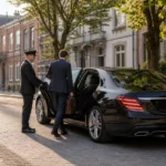 Chauffeur professionnel accueillant un passager devant une berline noire à Wavre