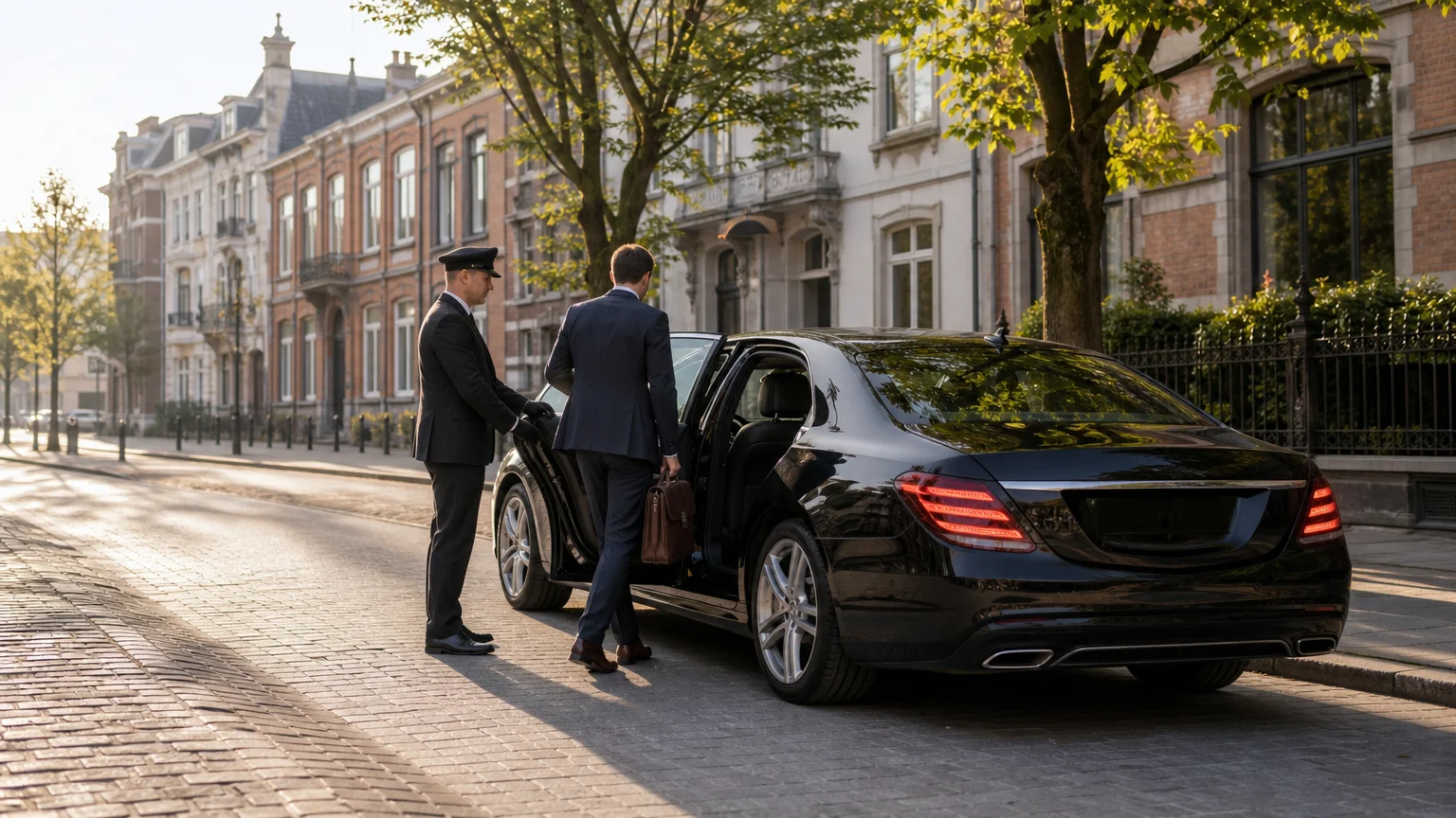 Chauffeur professionnel accueillant un passager devant une berline noire à Wavre