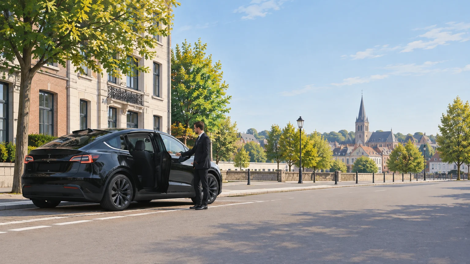Taxi Tesla Model Y noir avec chauffeur professionnel à Wavre